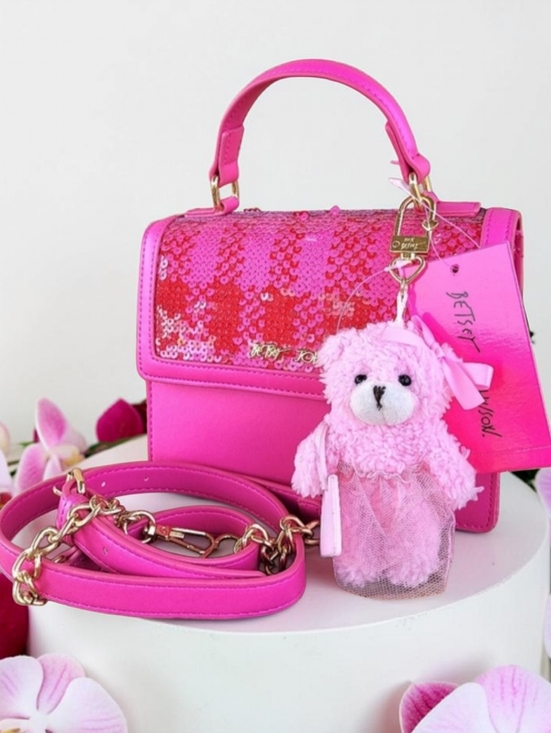 Betsey Johnson Handbags - Betsey Johnson XOMYLO Teddy Bear Charm Sequin Satchel Crossbody Bag